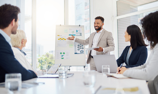 Confident young mixed race businessman using a digital tablet while leading a presentation on a whiteboard with diverse colleagues during a meeting in an office boardroom. Smiling manager pointing to research graphs and marketing data while planning