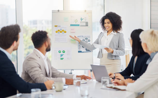 istock Confident young mixed race businesswoman using a digital tablet while leading a presentation on a whiteboard with diverse colleagues during a meeting in an office boardroom. Smiling manager pointing to research graphs and marketing data while planning 1399222628