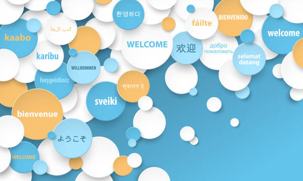 WELCOME concept with translations into various languages Colorful vector WELCOME concept with translations into various languages on blue background word cloud stock illustrations