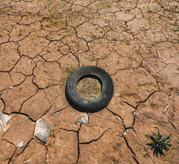 タイヤオンドライリバーベッド - global warming drought riverbank dirt ストックフォトと画像