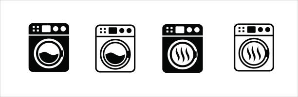 illustrazioni stock, clip art, cartoni animati e icone di tendenza di set di icone della lavatrice. set di icone vettoriali spinner dell'essiccatore. lavanderia pulita e asciutta segno di servizio. illustrazione vettoriale. semplice design a contorno piatto. - asciugatrice