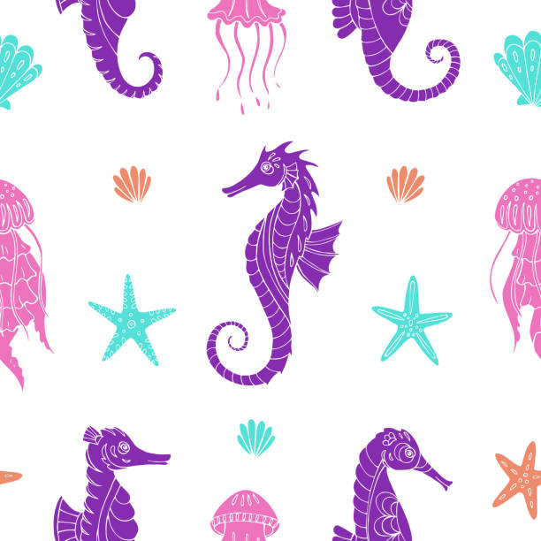 bezszwowy wzór wektorowy ze szkicem koni morskich, meduz, rozgwiazd i muszelek. - mammal hippocampus stock illustrations