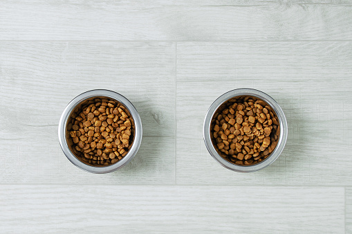 Two metal bowls with dry cat food on a white wooden floor.