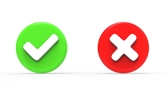 Green tick checkmark and cross mark symbols icon element in a circle, Simple ok yes no graphic design, right checkmark symbol. 3D rendering.