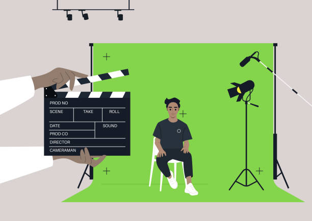 illustrations, cliparts, dessins animés et icônes de un écran chroma key dans un studio de cinéma, un jeune personnage masculin caucasien assis sur une chaise, un bel acteur confiant filmé dans une vidéo - moving film techniques illustrations