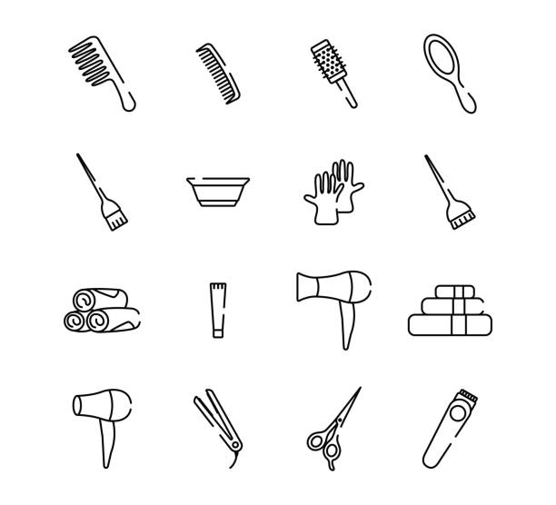 парикмахерская инструменты линейные иконки коллекция - wrapped in a towel illustrations stock illustrations