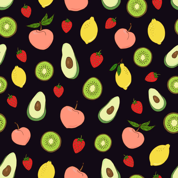 illustrations, cliparts, dessins animés et icônes de motif vectoriel sans couture de fruits et de baies. - olive vegetarian food abstract antioxidant