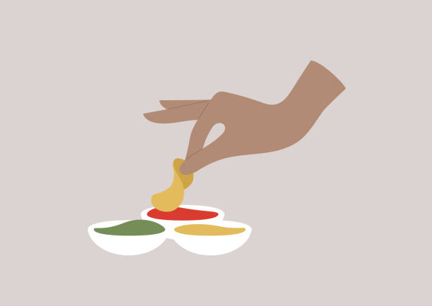 감자 칩을 토마토 소스에 담그는 손 - appetizer bowl potato chip condiment stock illustrations