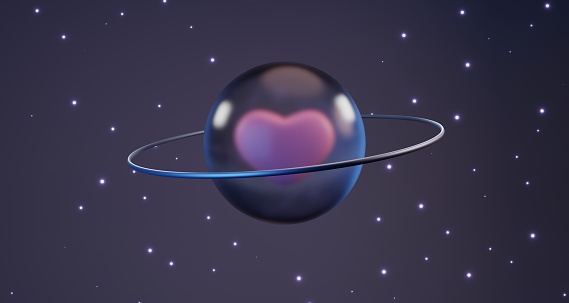 Heart shape in a glass sphere in space , 3d render
