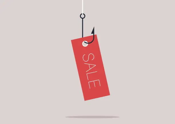 Vector illustration of A sale tag hanging on a hook, online scam, a suspicious commercial offer