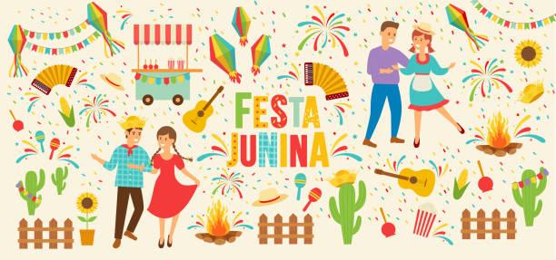 ilustrações, clipart, desenhos animados e ícones de ilustração vetorial festa junina símbolos tradicionais brasileiros de acordeom, milho, violão, girassol, fogueira, dança divertida, fogos de artifício festivos. - festa junina