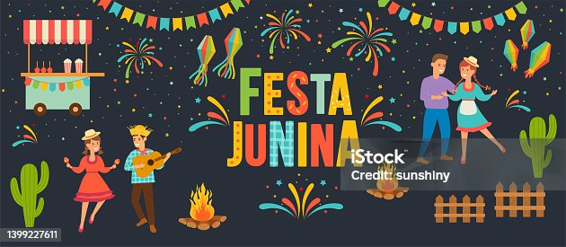 istock Latin American holiday Festa Junina traditional Brazilian symbols of party flags and paper lanterns, corn, guitar, bonfire, fun dancing people, festive fireworks. 1399227611