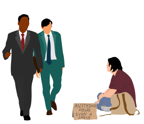 Homeless Man On Street Businessmen Homeless person with a cardboard sign with two businessmen passing by cartoon of rich man stock illustrations
