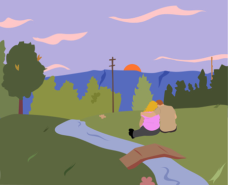 Creek With Mountains And Sunset Couple