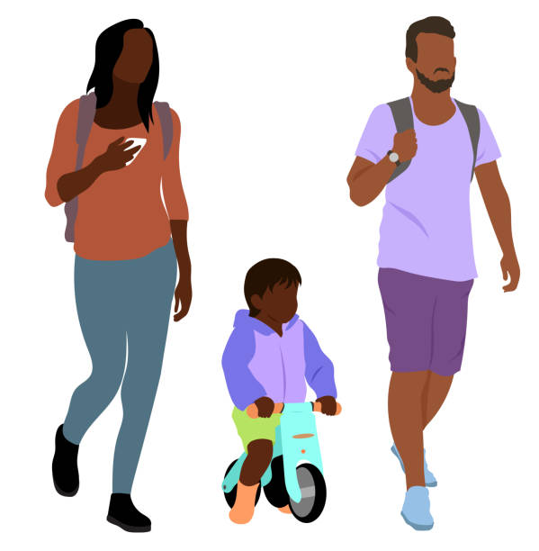 ilustraciones, imágenes clip art, dibujos animados e iconos de stock de niño pequeño en bicicleta de equilibrio con mamá y papá - two boys illustrations