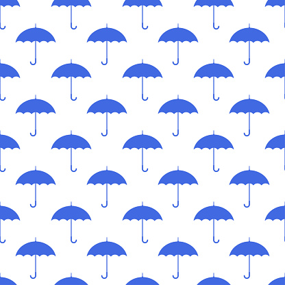 Blue small umbrellas isolated on white background. Cute monochrome seamless pattern. Vector simple flat graphic illustration. Texture.