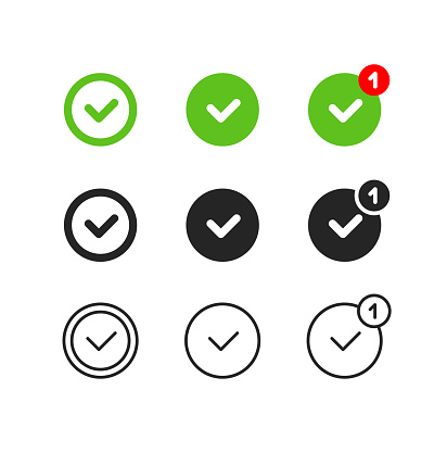 Set of notification check mark color flat line vector icons.