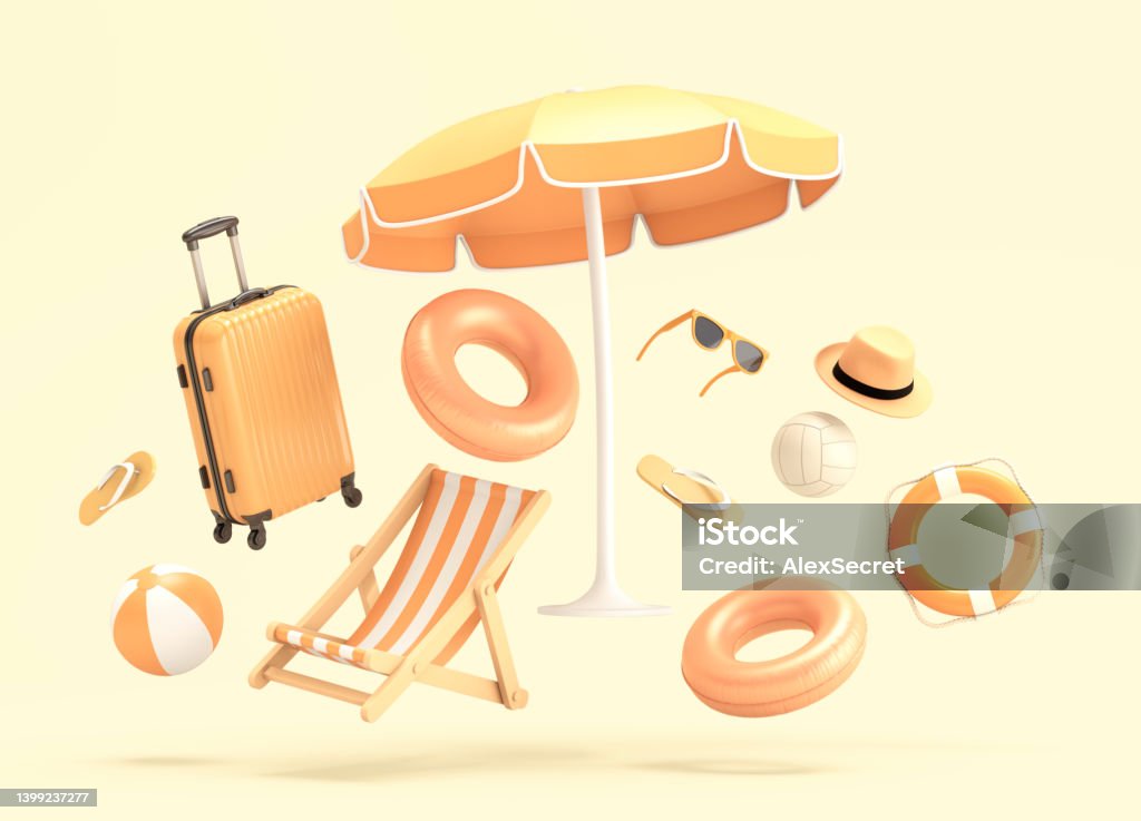 Summer travel and vacation concept Suitcase and beach accessories. 3d illustration Three Dimensional Stock Photo