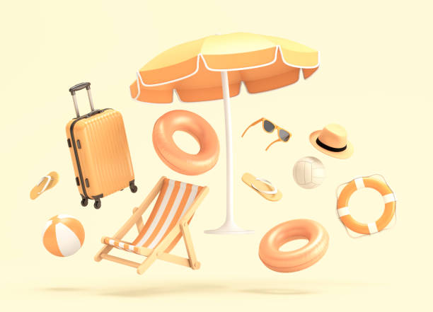 Summer travel and vacation concept Suitcase and beach accessories. 3d illustration beach ball beach summer ball stock pictures, royalty-free photos & images