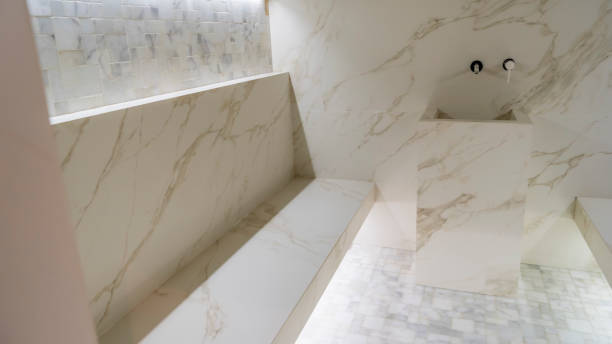 istock Classic turkish hammam. White turkish bath with marble surfaces. Marble oriental bathroom. Steam bath interior. 1399238041