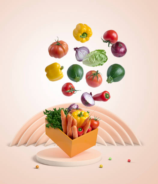 istock Vegetables flying in a box with geometric shapes background 1399238171