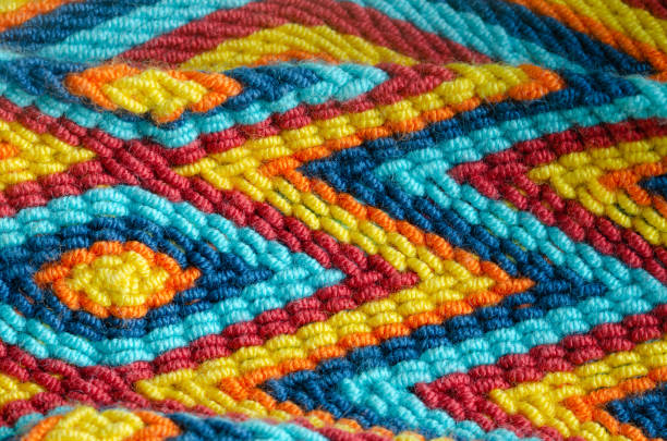 Guajiro Wayu handicraft weaving macro. Concept textures. Macro of handmade Wayu weaving of colors and shapes in zig-zag and rhombus. Concept textures. multi colored woven macro mesh stock pictures, royalty-free photos & images