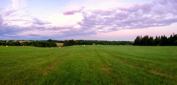 istock A panoramic view of a colorful summer sunset with beautiful clouds and sun rays with a large grassy field in the foreground and distant trees on the horizon. 1399241091