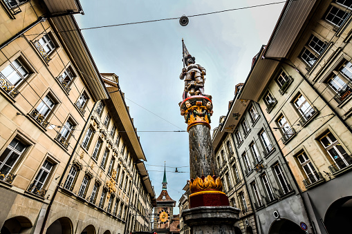 Low Angle View Of Statue Of Bern's Founder In Bern, Switzerland