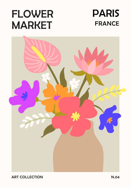 plakat z targu kwiatowego z kwiatami w wazonie. grafika ścienna do druku. ilustracja wektorowa. - flower market stock illustrations
