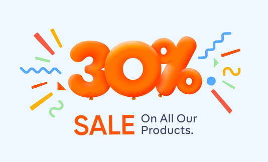 Special offer sale 30% discount 3D number Yellow tag voucher vector illustration. Discount season label 30 percent off promotion advertising summer sale coupon promo marketing banner holiday weekend