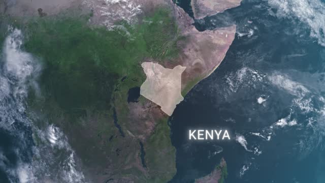 Kenya map highlighted with border and country name, zooming in from the space through a 4K photo real animated globe, with a panoramic view consisting of Asia, Eurasia and Africa. Realistic epic spinning world animation, Planet Earth, Sea, Clouds