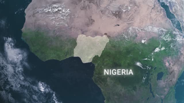 Nigeria map highlighted with border and country name, zooming in from the space through a 4K photo real animated globe, with a panoramic view consisting of Asia, Eurasia and Africa. Realistic epic spinning world animation, Planet Earth, Sea, Clouds
