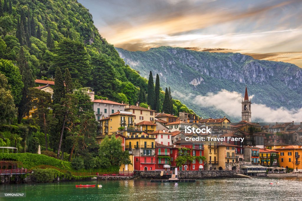Como lake, Varenna town sunsrt view, Italy, Lombardy Lake Como Stock Photo