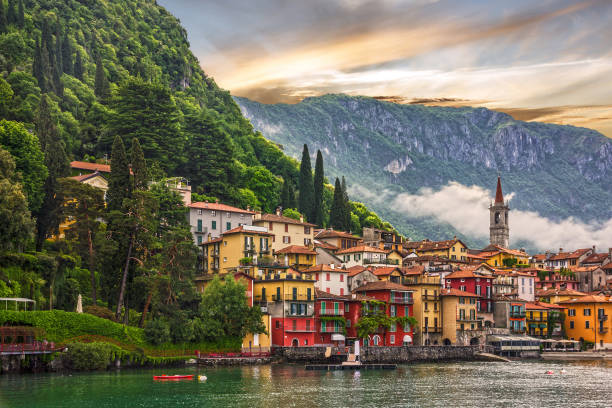 Como lake, Varenna town sunsrt view, Italy, Lombardy Como lake, Varenna town sunsrt view, Italy, Lombardy como italy stock pictures, royalty-free photos & images