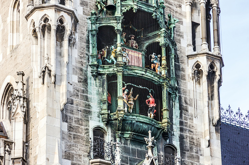 Old clock of Marienplatz town hall of Munich, Germany, Bavaria. Famous show of moving figures