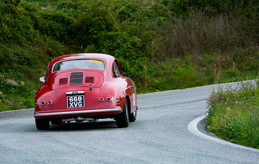 CAGLI , ITALY - OTT 24 - 2020 : PORSCHE 356 A CARRERA 1500 GS 1956 on an old racing car in rally Mille Miglia 2020 the famous italian historical race (1927-1957)