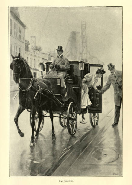 gentleman hilft einer frau aus einem pferdetaxi, paris, 19. jahrhundert - zuvorkommendes benehmen stock-grafiken, -clipart, -cartoons und -symbole