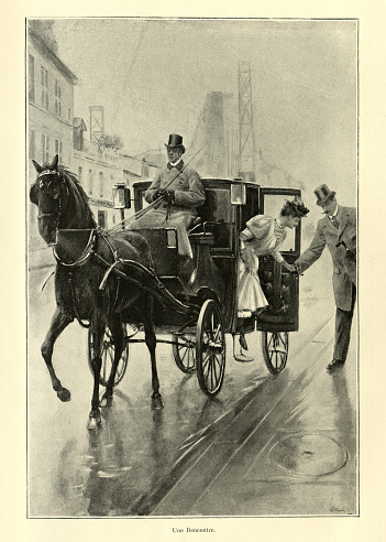 Vintage illustration, after the painting by Jean Béraud, Une Rencontre. An encounter.  Gentleman helping a woman out of a horsedrawn cab, Paris, 19th Century