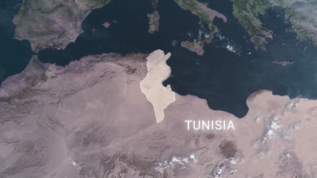 Tunisia map highlighted with border and country name, zooming in from the space through a 4K photo real animated globe, with a panoramic view consisting of Asia, Eurasia and Africa. Realistic epic spinning world animation, Planet Earth, Sea, Clouds