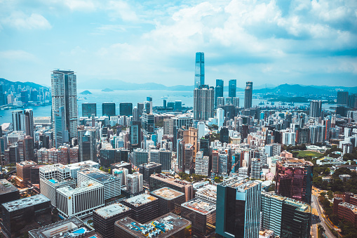 Aerial Kowloon overview taken by drone, Hong Kong