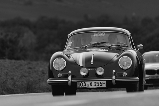CAGLI , ITALY - OTT 24 - 2020 : PORSCHE 356 A 1600 COUPÉ1956 on an old racing car in rally Mille Miglia 2020 the famous italian historical race (1927-1957)