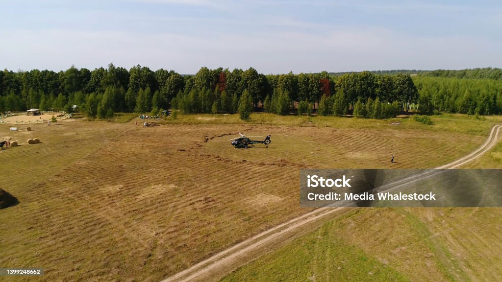 Helicopter arrived on green field. Helicopter landed on yellow grass, cloudy day. Flying drone and green wheat field Helicopter arrived on green field. Helicopter landed on yellow grass, cloudy day. Flying drone and green wheat field. Aerospace Industry Stock Photo