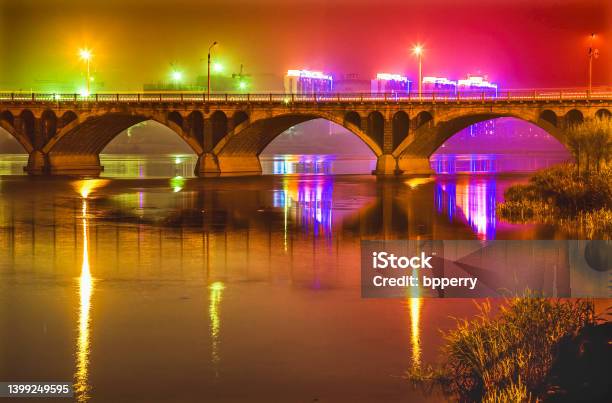 Bridge Hun River Night Fuxin Liaoning Province China Stock Photo - Download Image Now