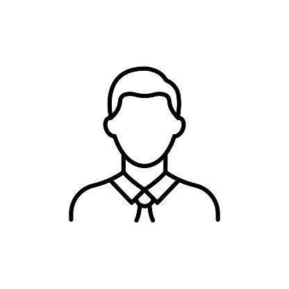 Black line Icon man default profile avatar. Businessman silhouette. Male mark trendy flat isolated symbol, sign for: illustration, outline, logo, mobile, app, design, web, dev, ui, ux. Vector EPS 10