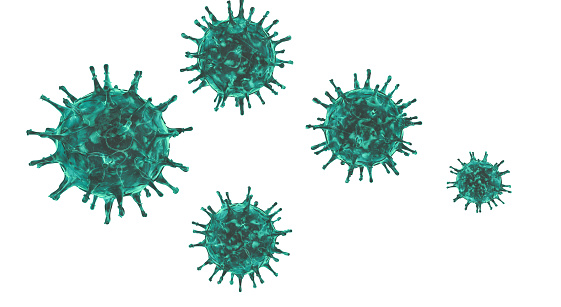 Blue / Green Virus On White Background. Covid Pandemic, 2019-nCoV. New Coronavirus Delta Variant. HIV Coronavirus, Flu.