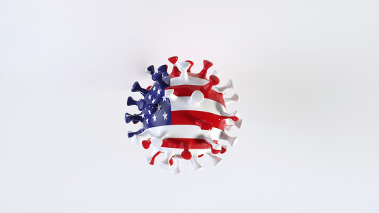USA Flag Virus On White Background. United States Of America Covid Pandemic, 2019-nCoV. New Coronavirus Delta Variant, Flu.