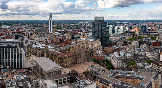 Birmingham, Uk - May 24, 2022.  An aerial view of Victoria Square and the ancient architecture of The Council House and Town Hall in a Birmingham cityscape skyline