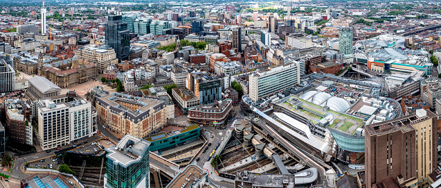 Aerial view over the city center on a sunny day