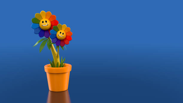 3D Happy Smiling Cartoon Style Smiley Colorful Flowers Isolated on Blue Background with Clipping Path stock photo