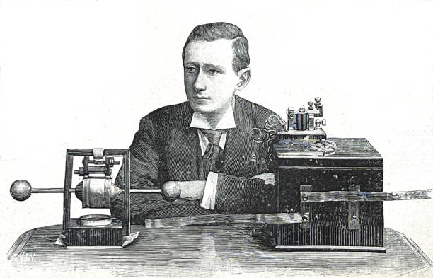 illustrazioni stock, clip art, cartoni animati e icone di tendenza di guglielmo marconi e la sua macchina telegrafica - inventor